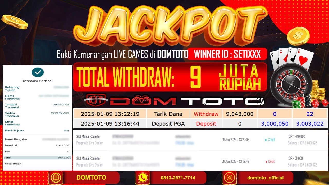 JACKPOT LIVE GAMES SLOT MANIA BACCARAT 09 JANUARI 2025